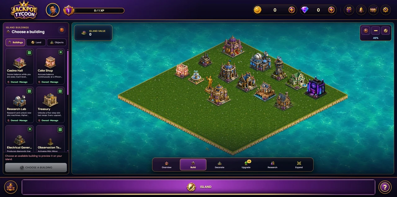 Jackpot Tycoon island with a Casino Hall, Research Lab, Treasury and other buildings, surrounded by turquoise water.