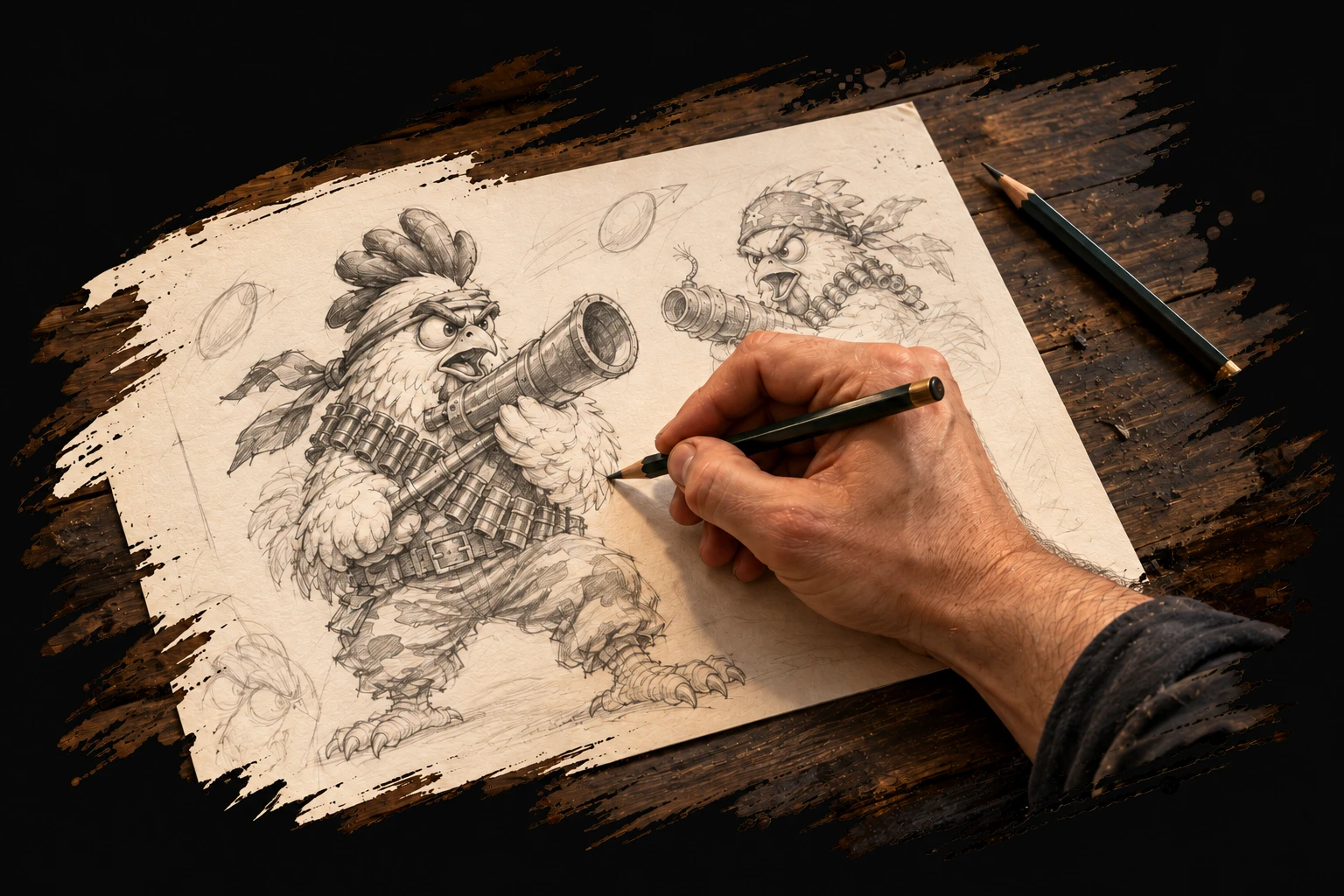 An artist’s hand and forearm sketch Chicken War characters on paper at a wooden desk, framed by rough paintbrush strokes.